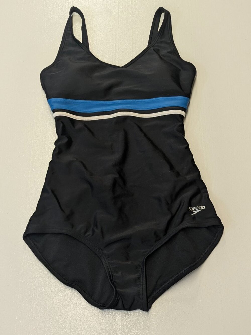 Speedo Size Small One-Piece Swimsuit Black With Blue/White Stripes